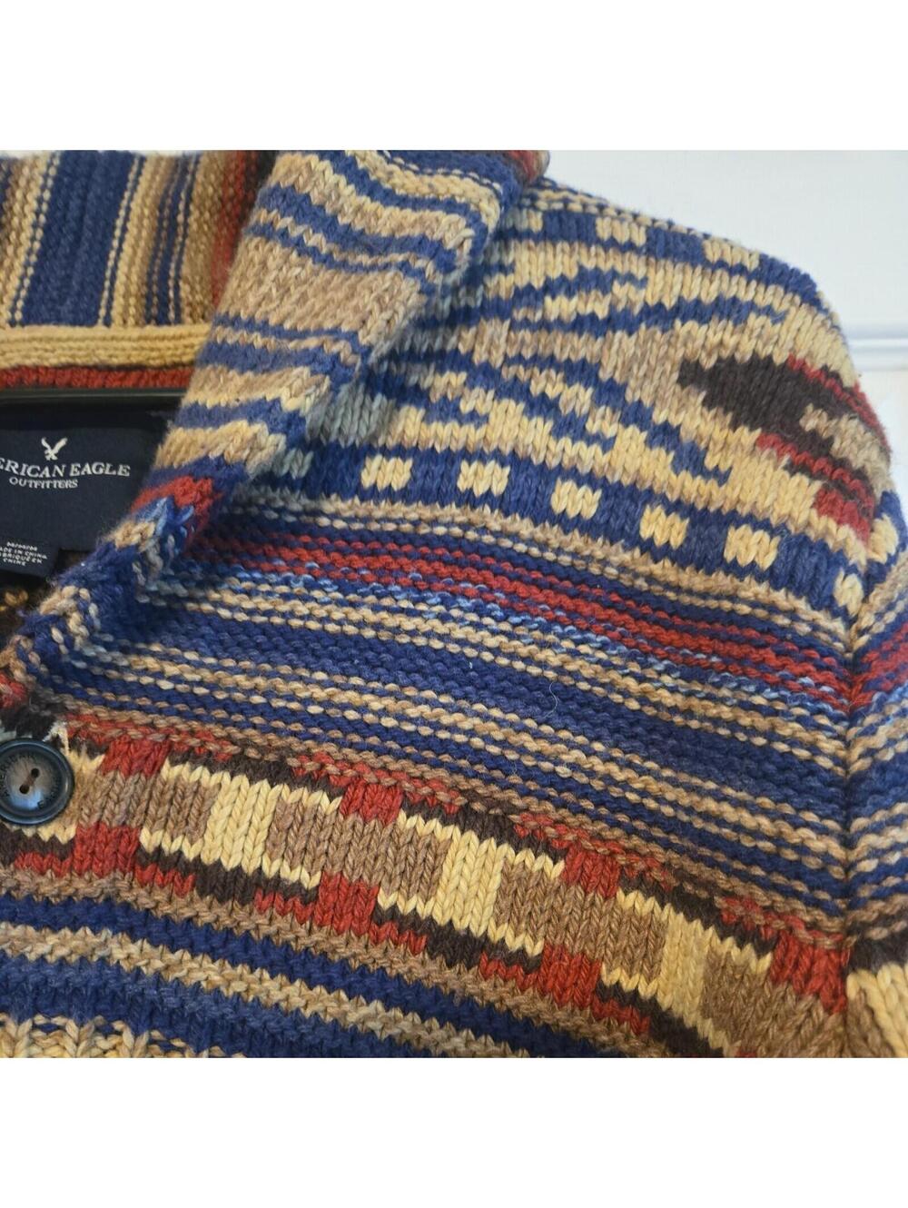 American Eagle Mens Heavy Knit Sweater southwestern Aztec Cottonwool Blend shawl - Picture 3 of 8